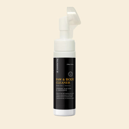 150ml Essential Dog Rinse-Free Paw Cleaner with a built-in soft silicone brush head. A natural, waterless foaming cleanser infused with aloe and lavender.