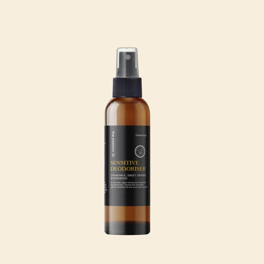 125ml bottle of Essential Dog Sensitive Skin Deodoriser. A plant-based waterless wash spray infused with chamomile and sweet orange to neutralize odors instantly without bathing