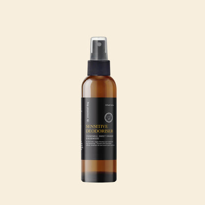125ml bottle of Essential Dog Sensitive Skin Deodoriser. A plant-based waterless wash spray infused with chamomile and sweet orange to neutralize odors instantly without bathing