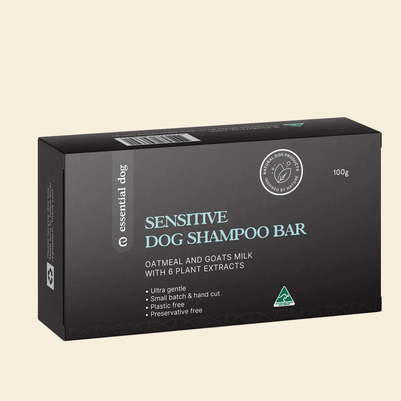 100g box of Essential Dog Sensitive Solid Shampoo Bar. Formulated with colloidal oatmeal and fresh goat&