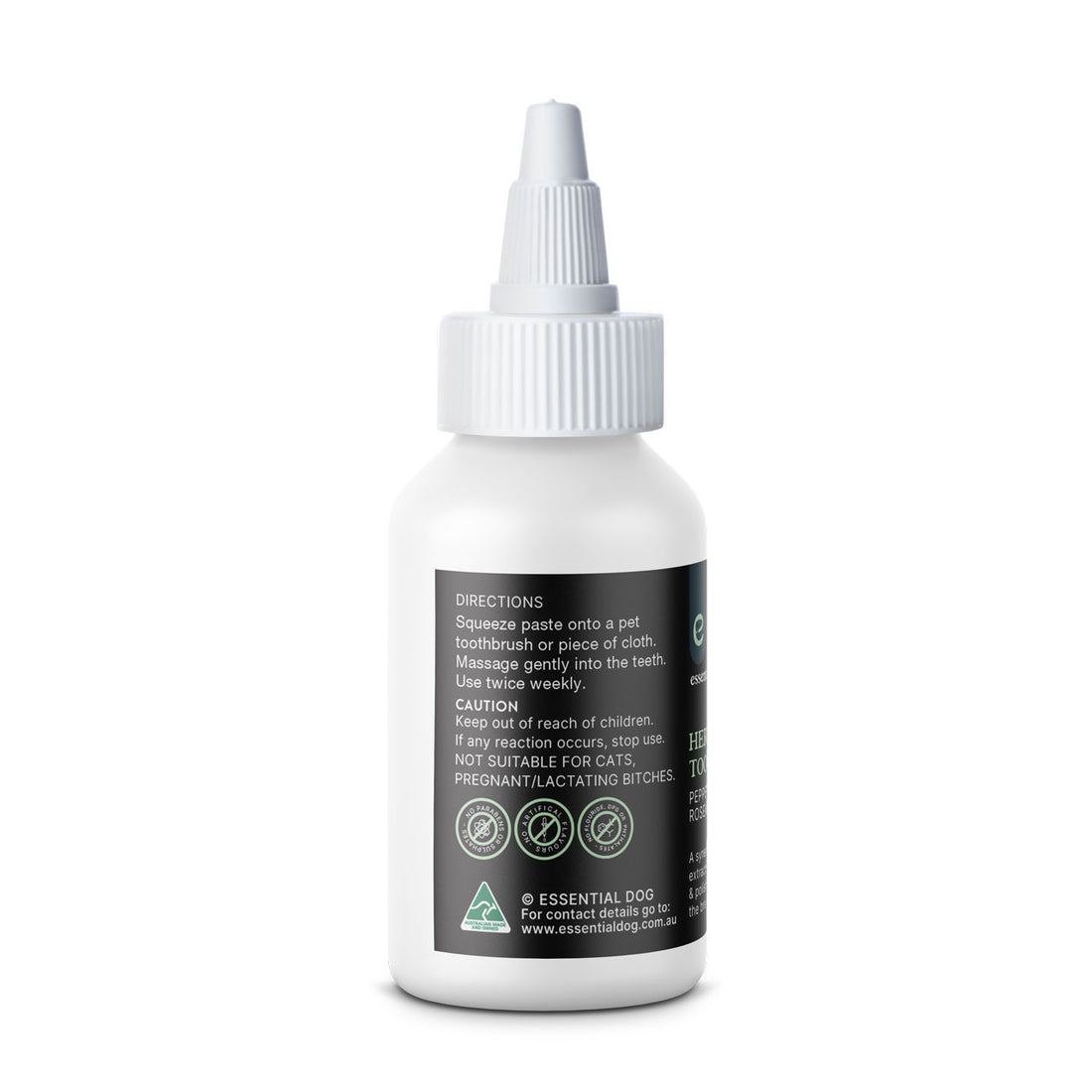 Side view of the Essential Dog Herbal Dog Toothpaste bottle, displaying directions for use, the Australian Made logo, and caution notes including that it is not suitable for cats or pregnant and lactating dogs.