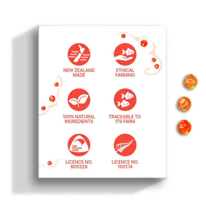 Back of the Kōrure Pets King Caviar box displaying icons for New Zealand Made, Ethical Farming, 100% Natural Ingredients, and strict Traceability to its farm.