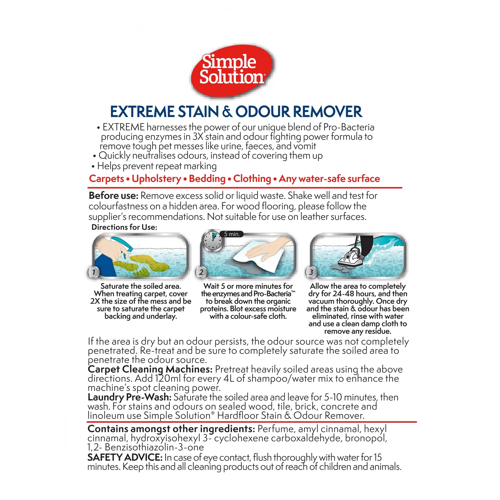 Close-up of the back panel instructions for the Simple Solution dog stain remover, detailing surface compatibility and safety advice.