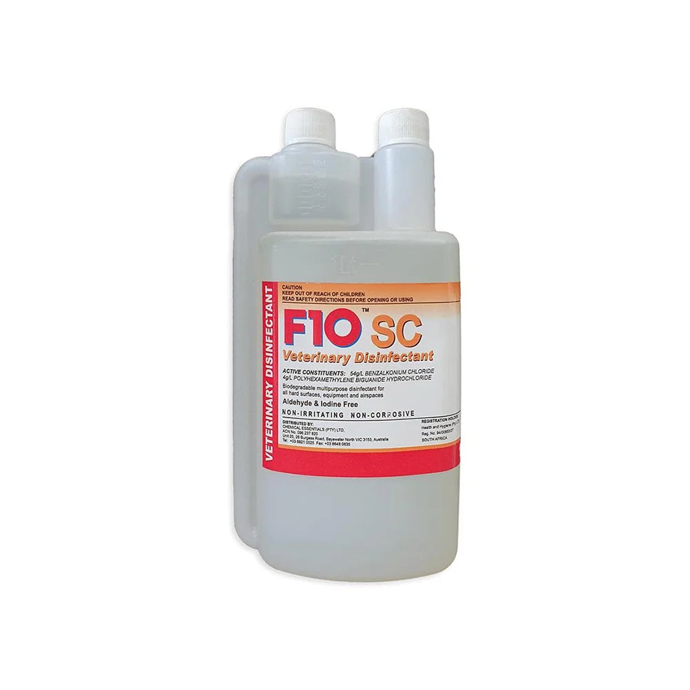Front bottle of F10SC Veterinary Disinfectant Concentrate 1L for veterinary surfaces, equipment and animal-care environments