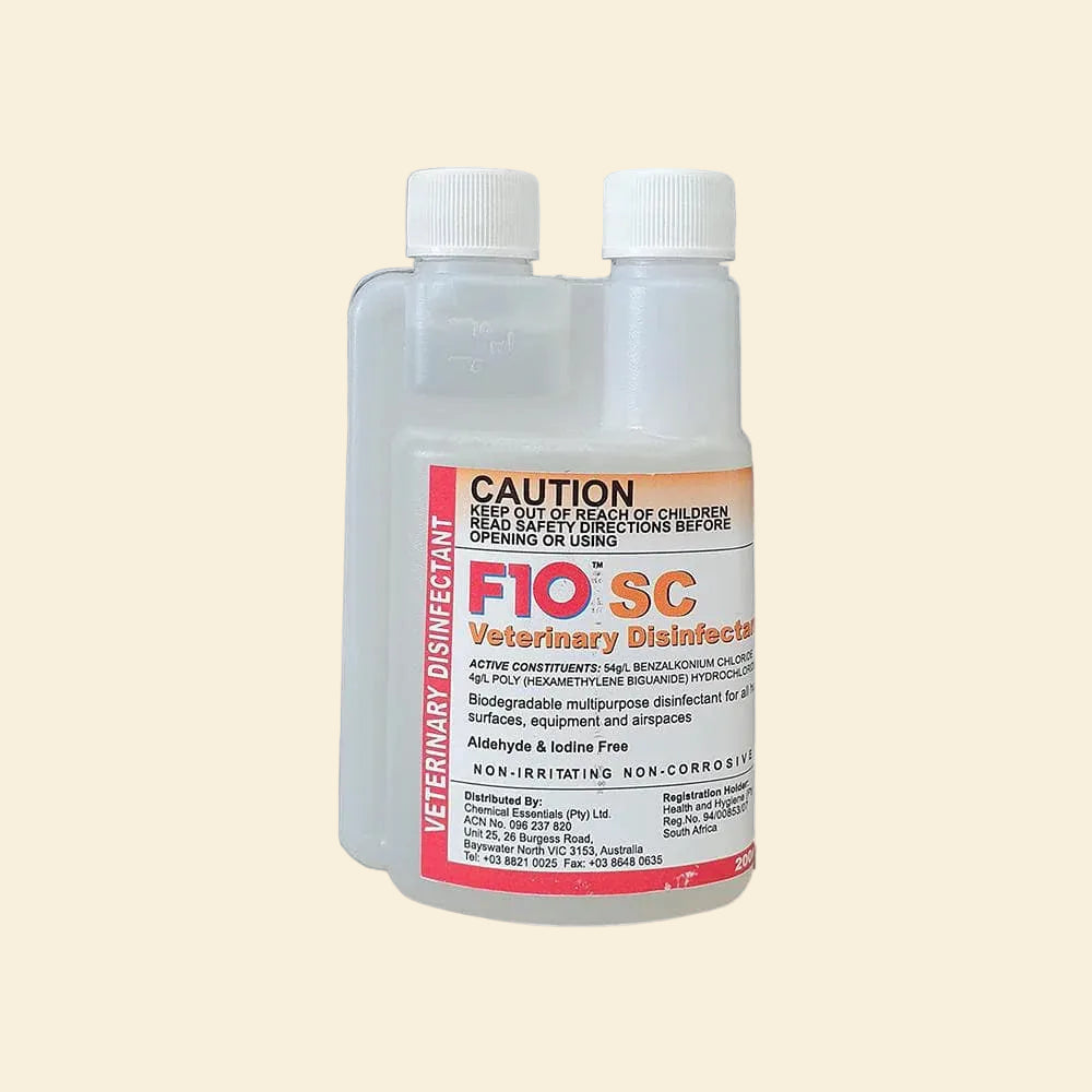 Front bottle of F10SC Veterinary Disinfectant Concentrate 200ml with built-in dual-neck measuring chamber