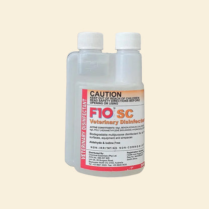 Front bottle of F10SC Veterinary Disinfectant Concentrate 200ml with built-in dual-neck measuring chamber