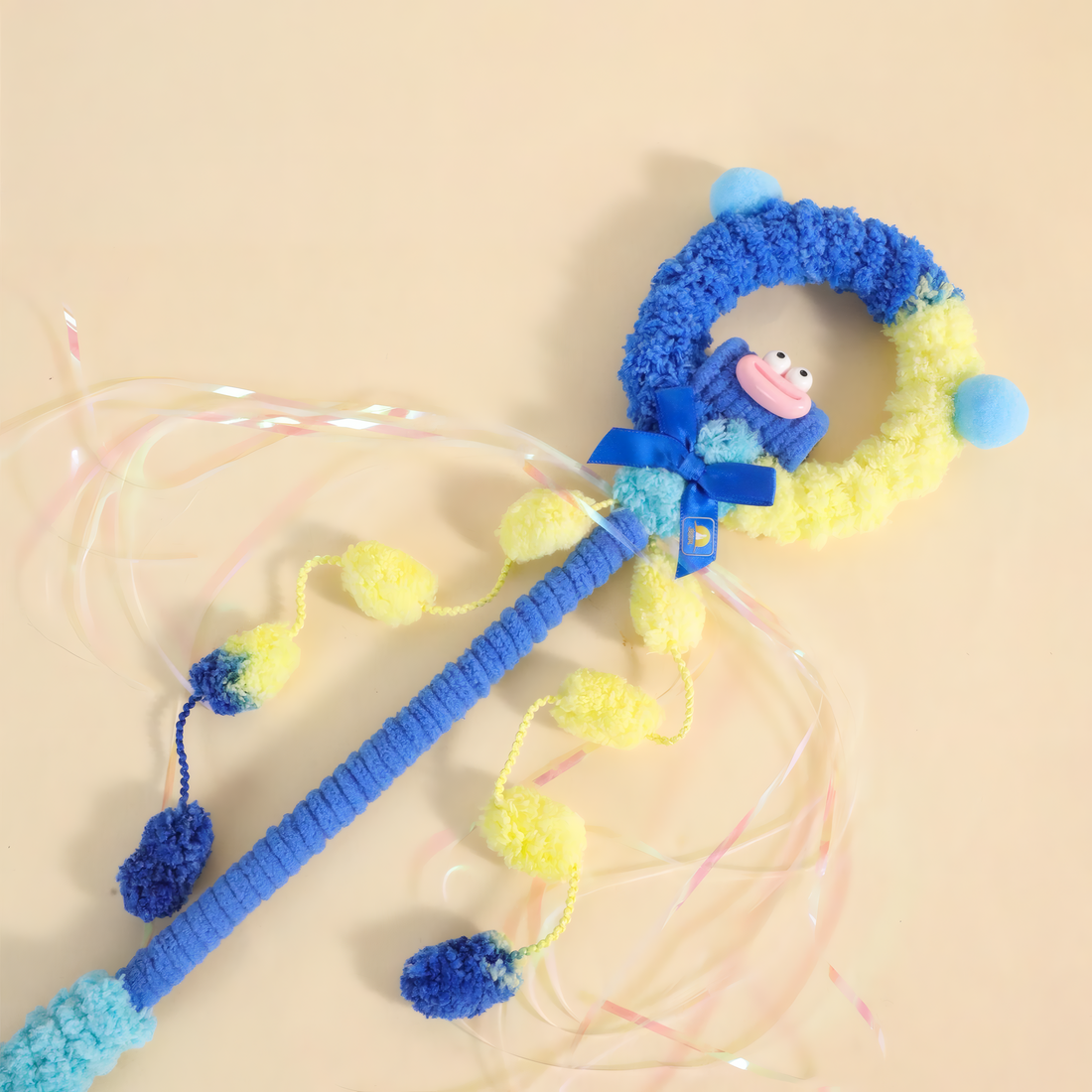Colorful Plush Hoop Cat Wand | Iridescent Ribbons &amp; Pom-Pom Teaser (50cm)