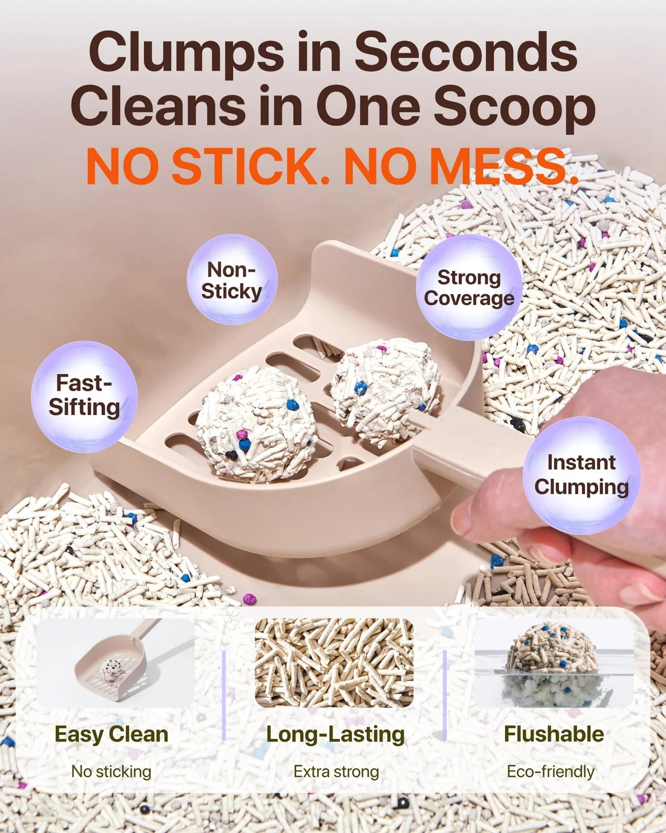 An infographic displaying a litter scoop holding two perfect clumps of Michu cat litter, emphasizing its non-sticky, fast-sifting, instant clumping, easy clean, and 100% flushable eco-friendly features.