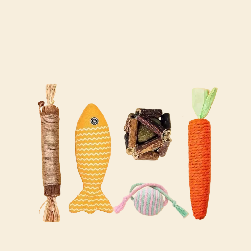  The 5-piece cat toy set, detailing the 23cm teething stick, 22cm catnip fish, 5cm silvervine cage ball, 4.5cm pastel rattle ball, and 20cm hemp carrot.