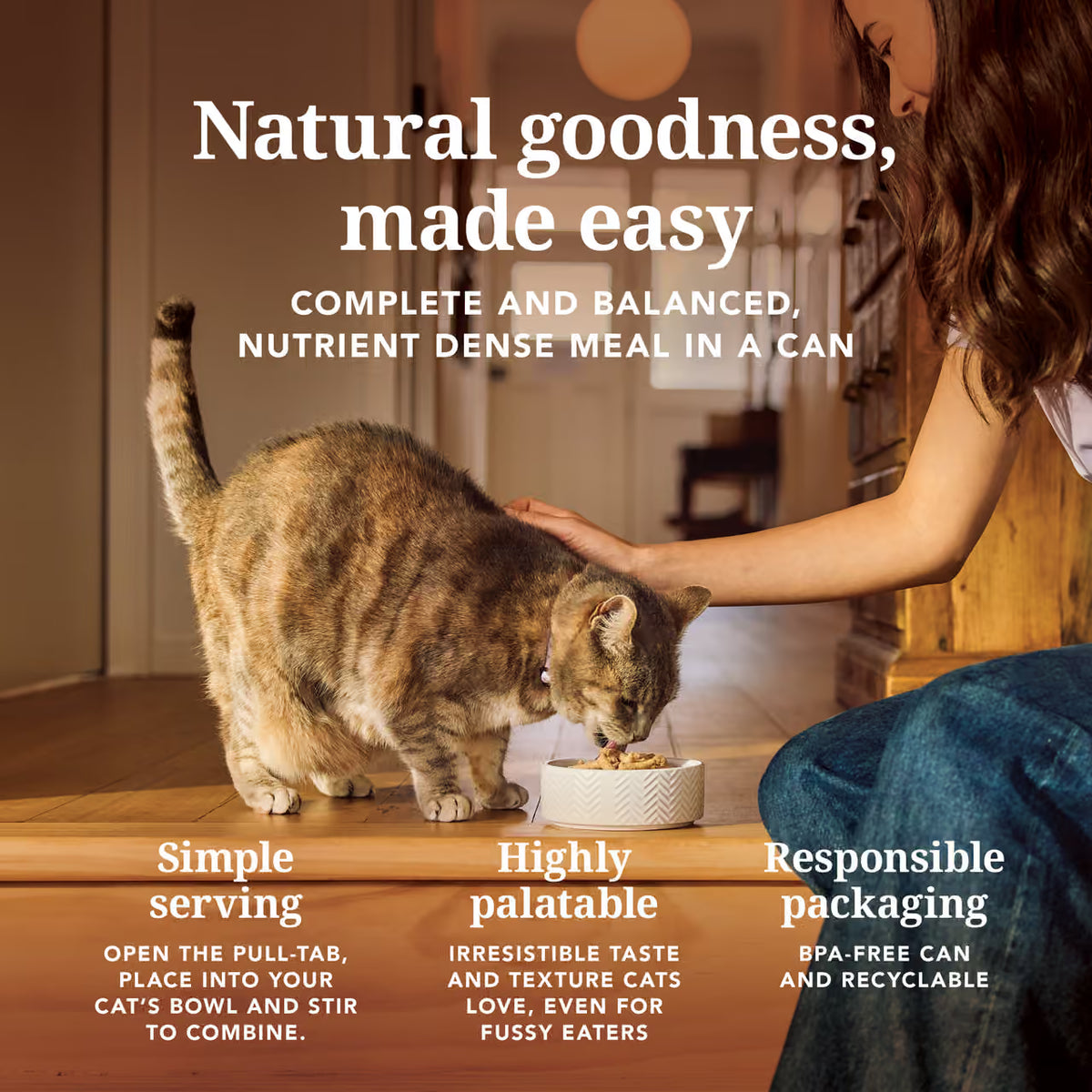 Cat eating Feline Natural Beef Feast complete and balanced wet food from a bowl