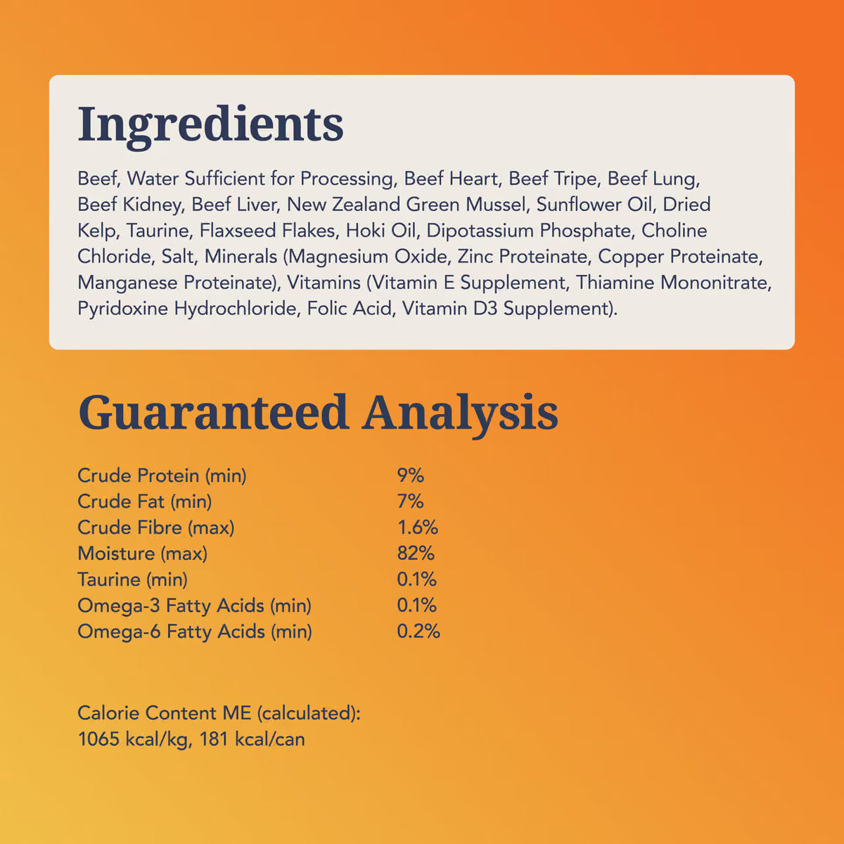 Feline Natural Beef Feast ingredients, guaranteed analysis and calorie information