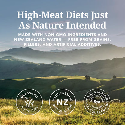 New Zealand pasture representing the grass-fed beef and traceable ingredients used by Feline Natural