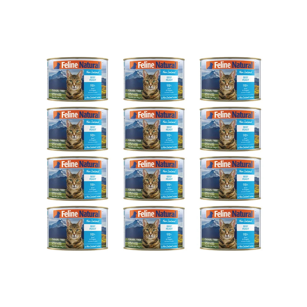 Twelve cans of Feline Natural Beef Feast grain-free wet cat food for cats and kittens