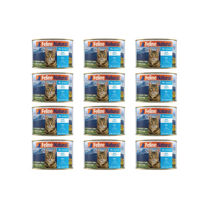 Twelve cans of Feline Natural Beef Feast grain-free wet cat food for cats and kittens
