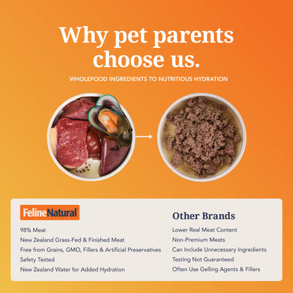 Wholefood beef, organ meat and green mussel ingredients beside prepared Feline Natural wet cat food