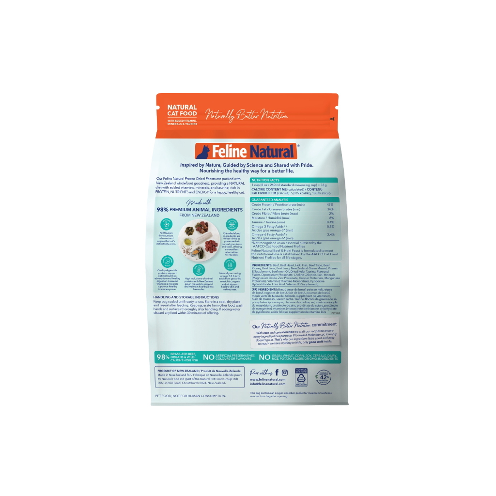 Back view of Feline Natural Beef &amp; Hoki Feast showing ingredients, guaranteed analysis and storage information