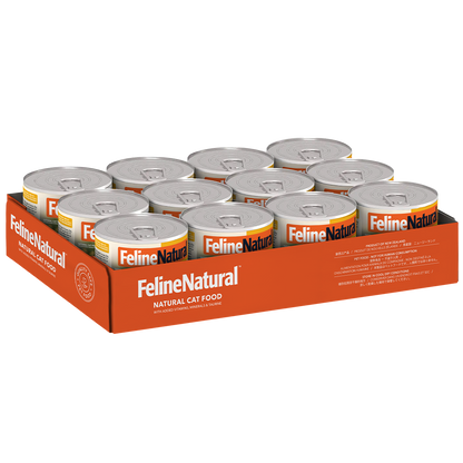 Twelve cans of Feline Natural Chicken Feast wet cat food in a display tray