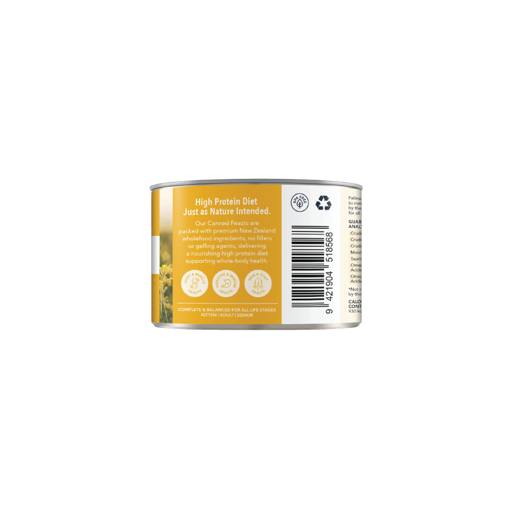 Feline Natural Chicken Feast can label describing its high-protein complete and balanced recipe