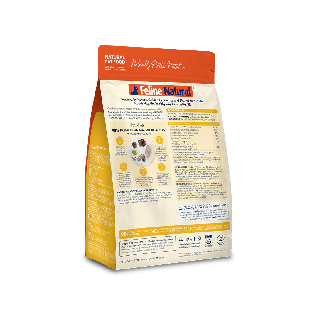 Back view of Feline Natural Chicken Feast freeze-dried cat food showing ingredients, nutrition and storage information
