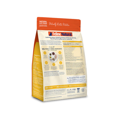 Back view of Feline Natural Chicken Feast freeze-dried cat food showing ingredients, nutrition and storage information