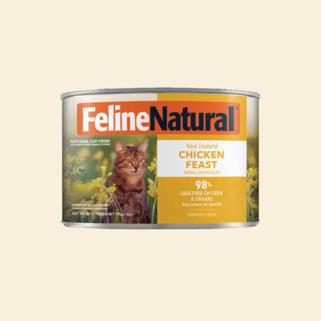 Front view of Feline Natural Chicken Feast grain-free wet cat food in a 170g can