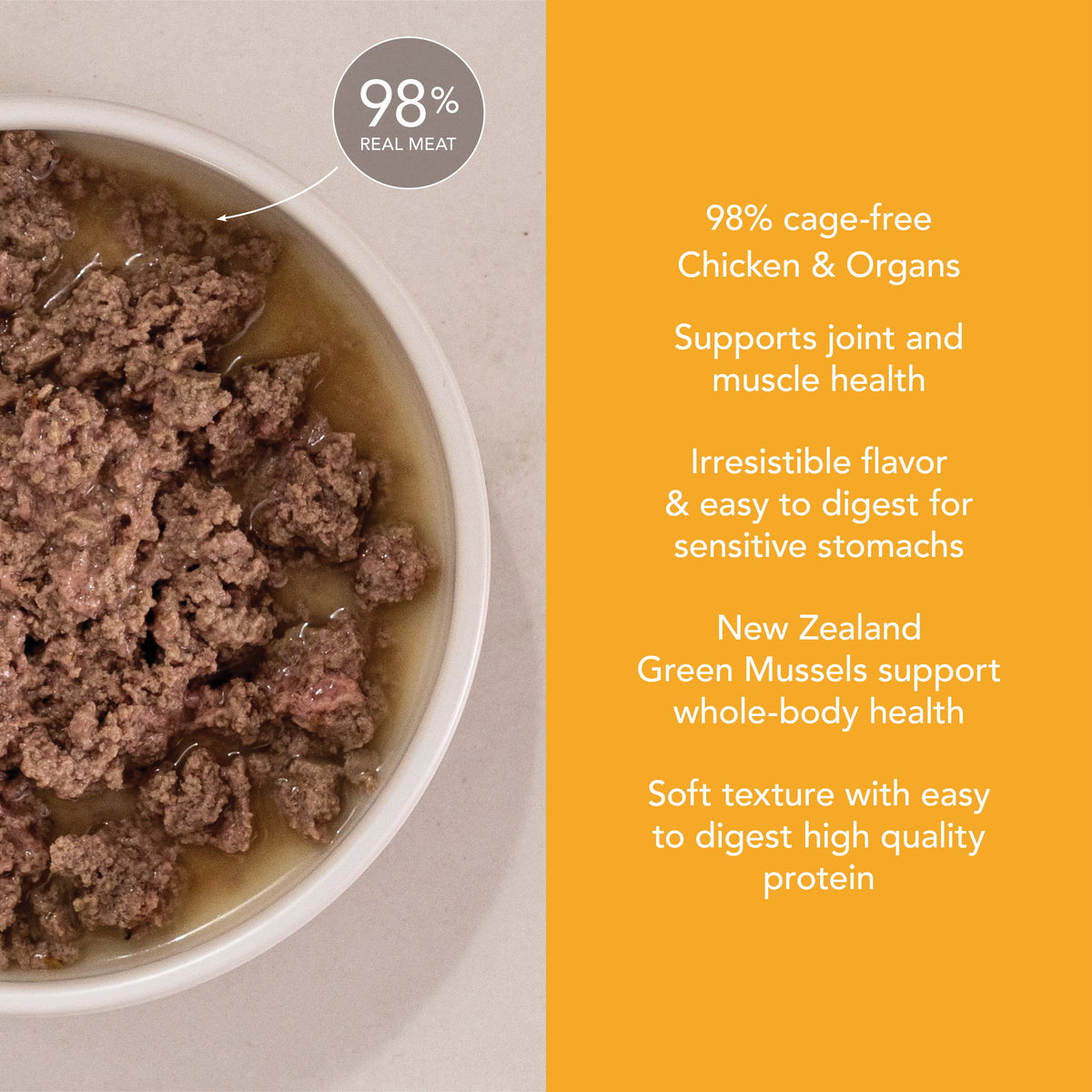 Bowl of Feline Natural Chicken Feast wet cat food showing its soft meaty loaf texture