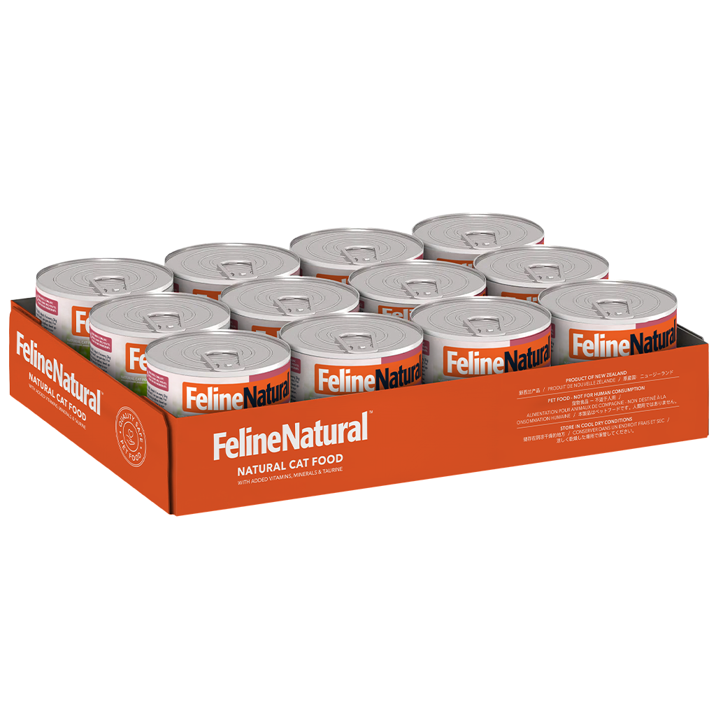 Twelve cans of Feline Natural Chicken and Venison Feast wet cat food in a display tray