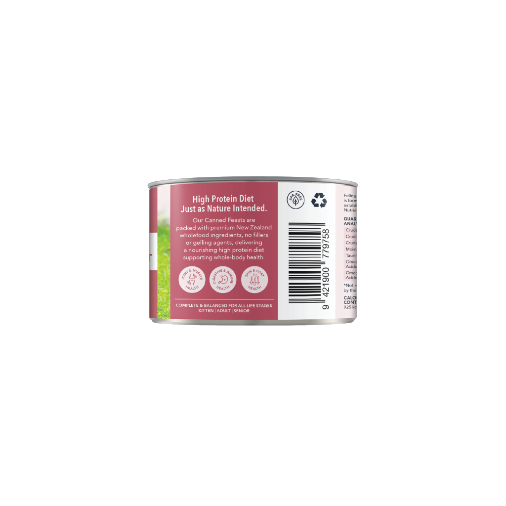 Feline Natural Chicken and Venison Feast can label describing its high-protein complete and balanced recipe