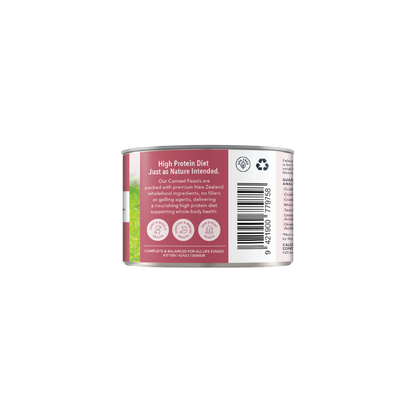 Feline Natural Chicken and Venison Feast can label describing its high-protein complete and balanced recipe