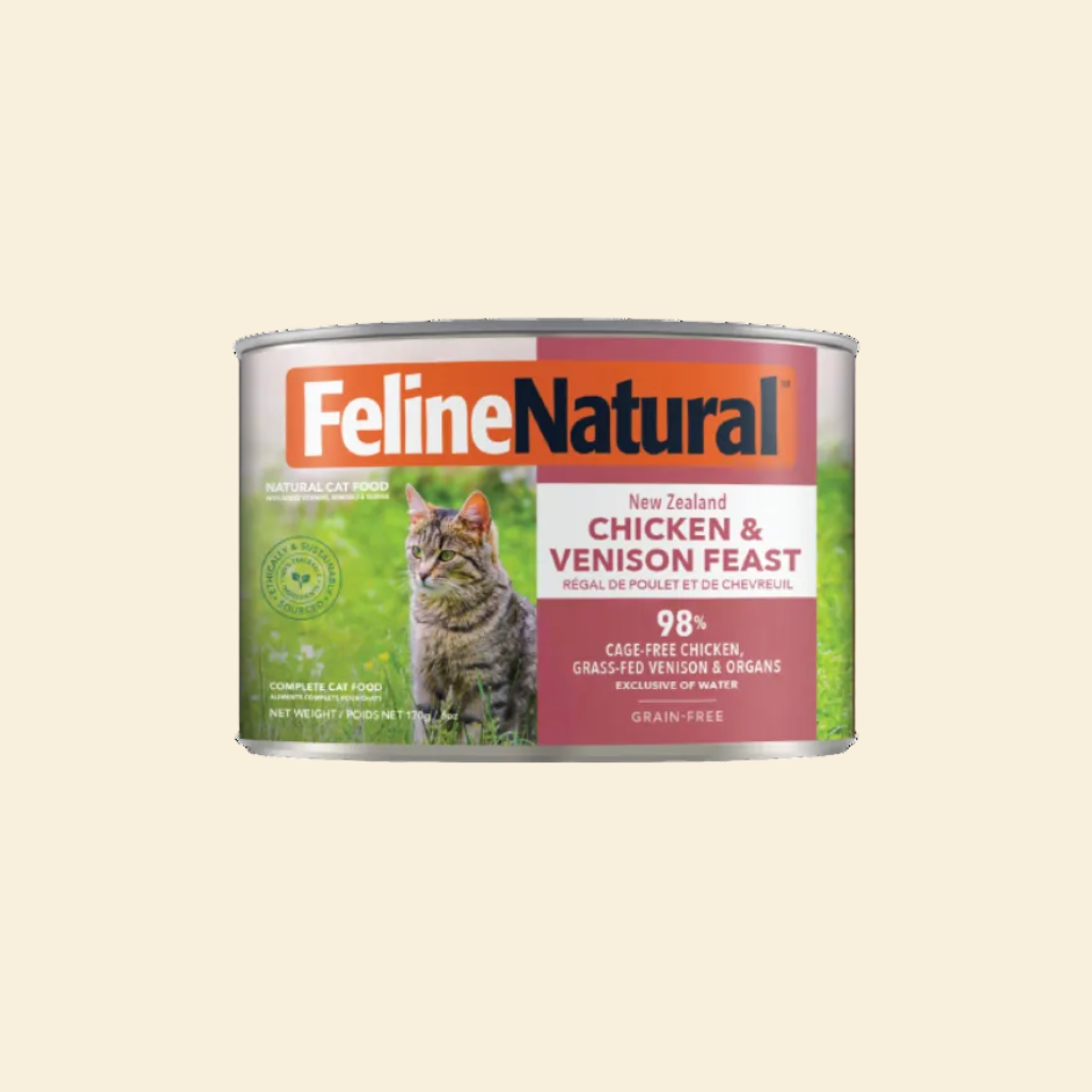 Front view of Feline Natural Chicken and Venison Feast grain-free wet cat food in a 170g can