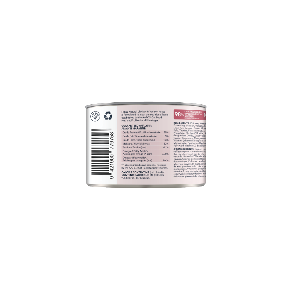 Feline Natural Chicken and Venison Feast can showing guaranteed analysis and calorie information