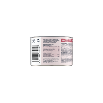 Feline Natural Chicken and Venison Feast can showing guaranteed analysis and calorie information