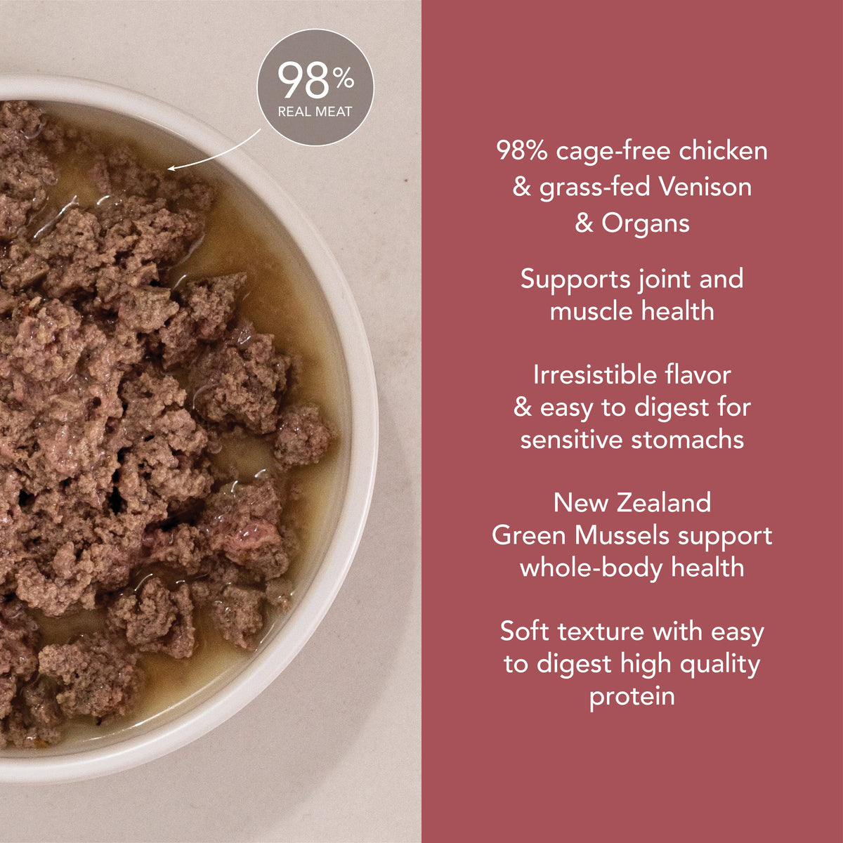 Bowl of Feline Natural Chicken and Venison Feast wet cat food showing its soft meaty texture