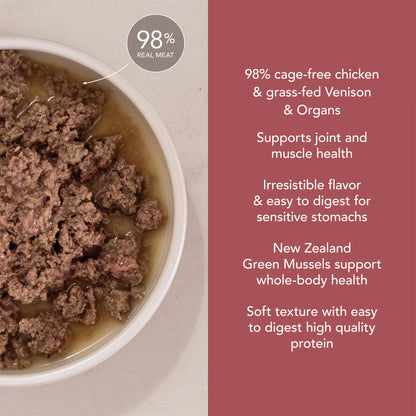 Bowl of Feline Natural Chicken and Venison Feast wet cat food showing its soft meaty texture