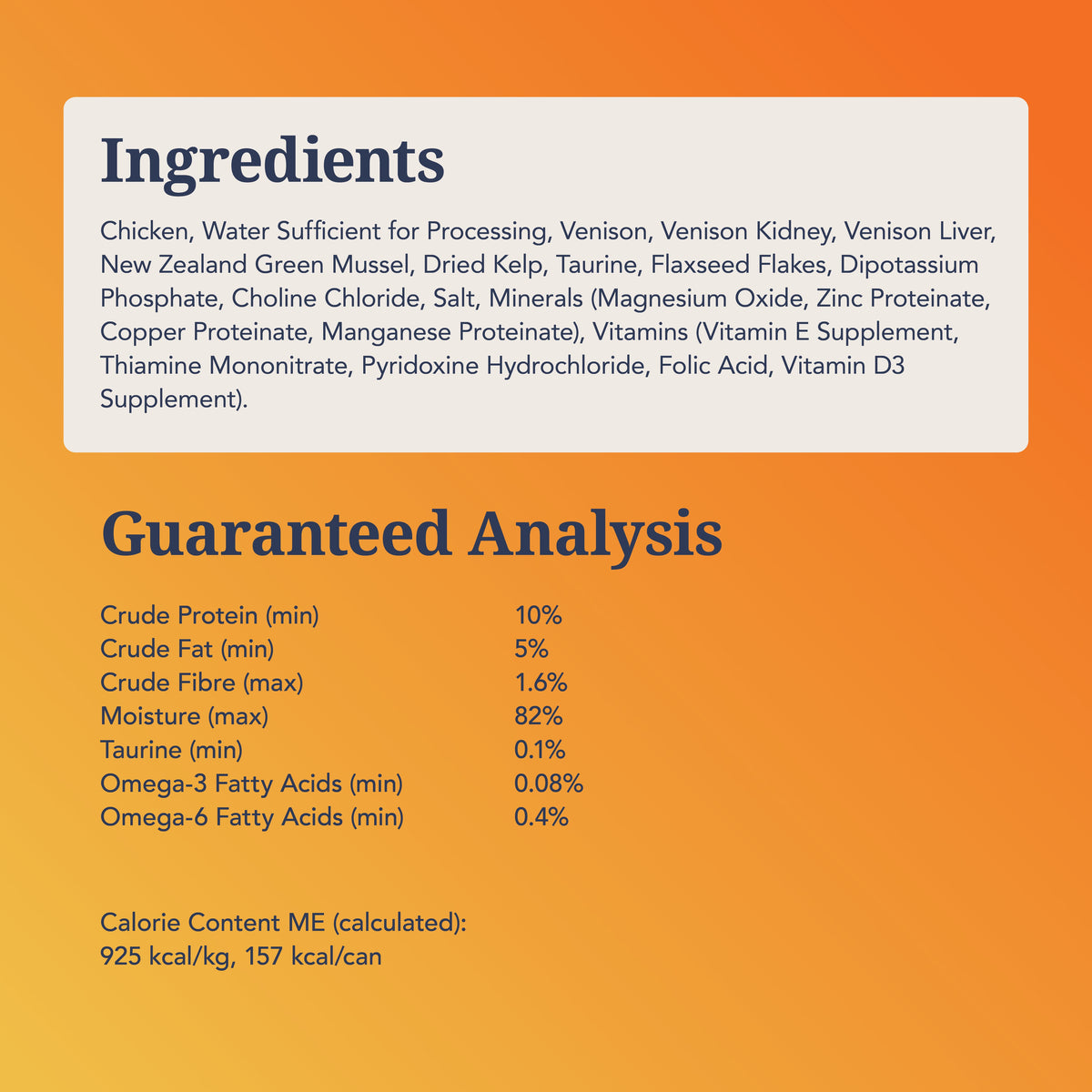 Feline Natural Chicken and Venison Feast ingredients, guaranteed analysis and calorie content