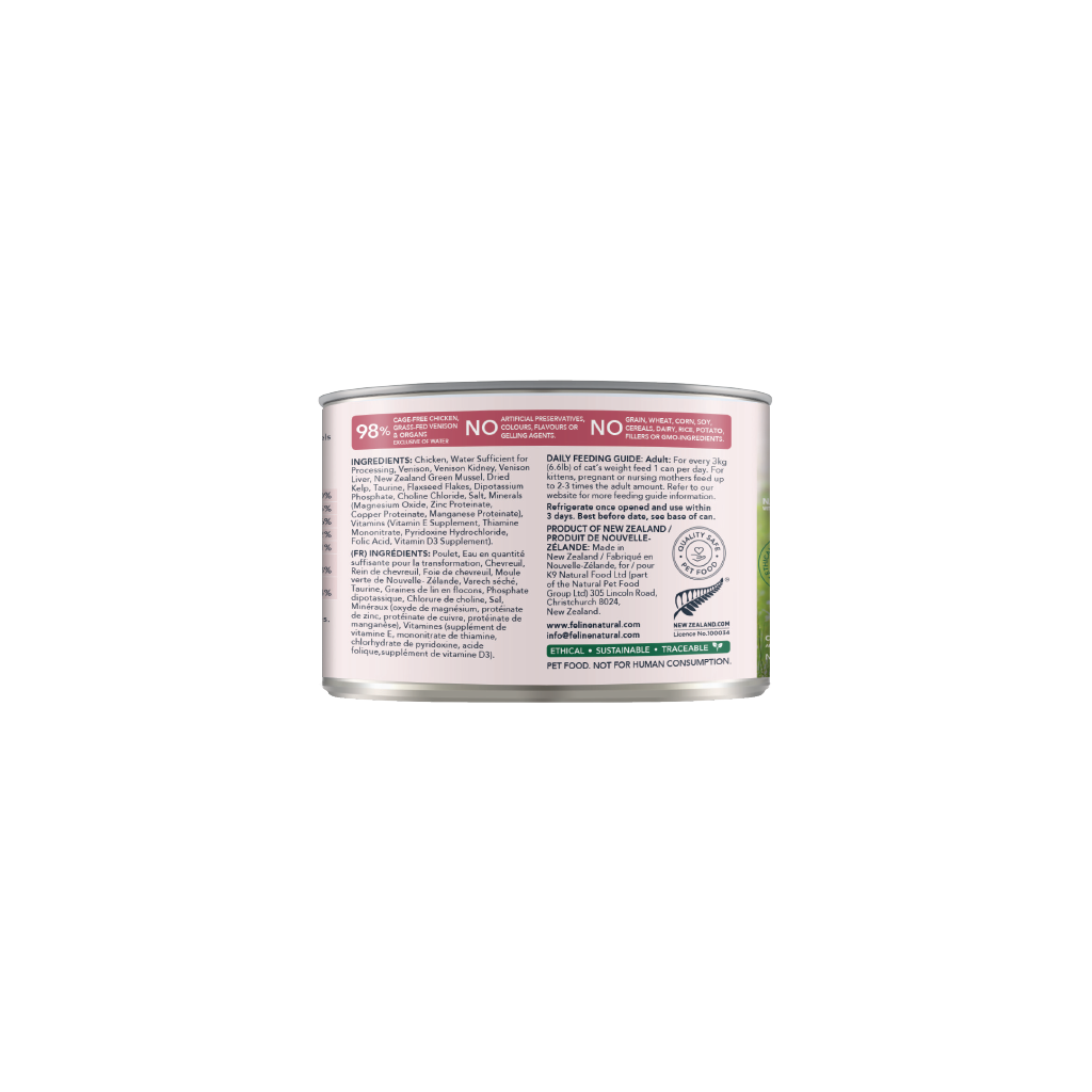 Feline Natural Chicken and Venison Feast can showing ingredients, feeding guide and storage instructions