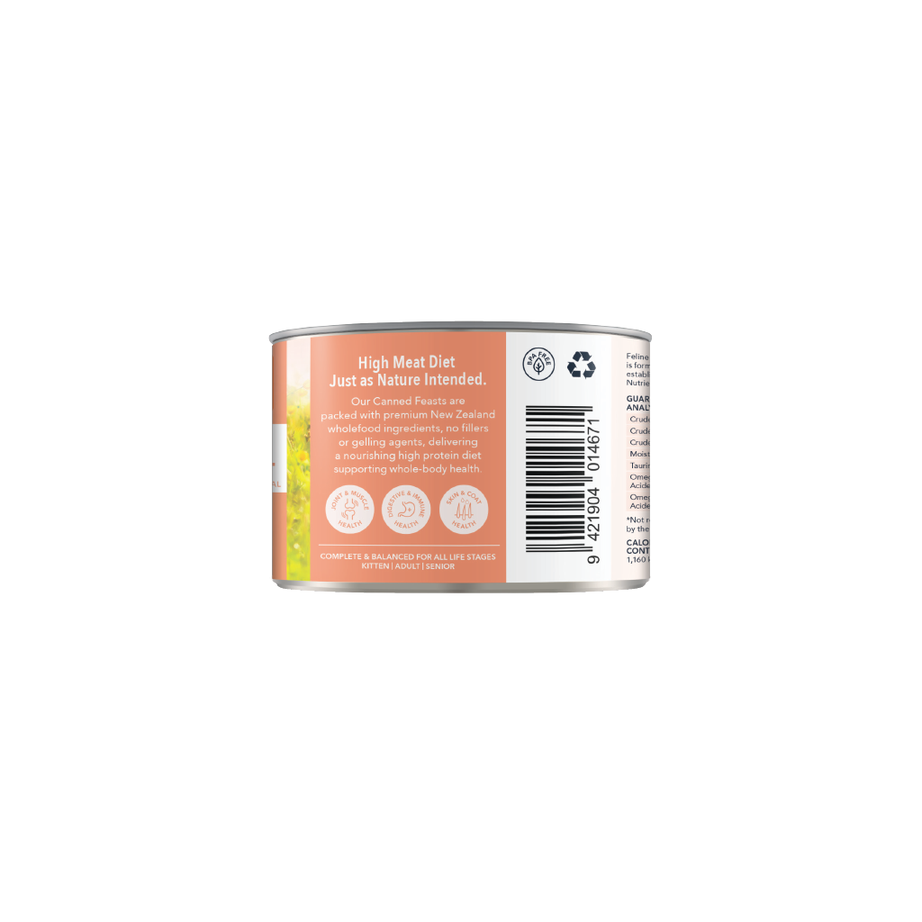 Feline Natural Lamb &amp; King Salmon Feast can label describing its high-meat complete and balanced recipe