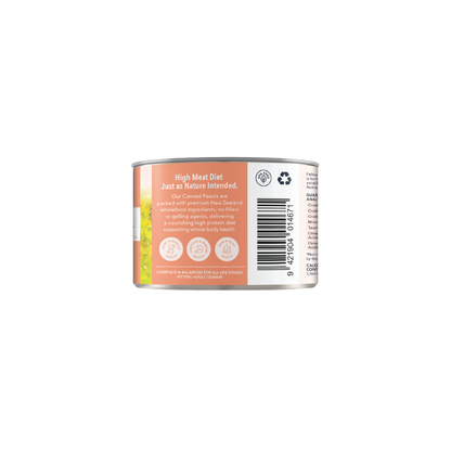 Feline Natural Lamb &amp; King Salmon Feast can label describing its high-meat complete and balanced recipe