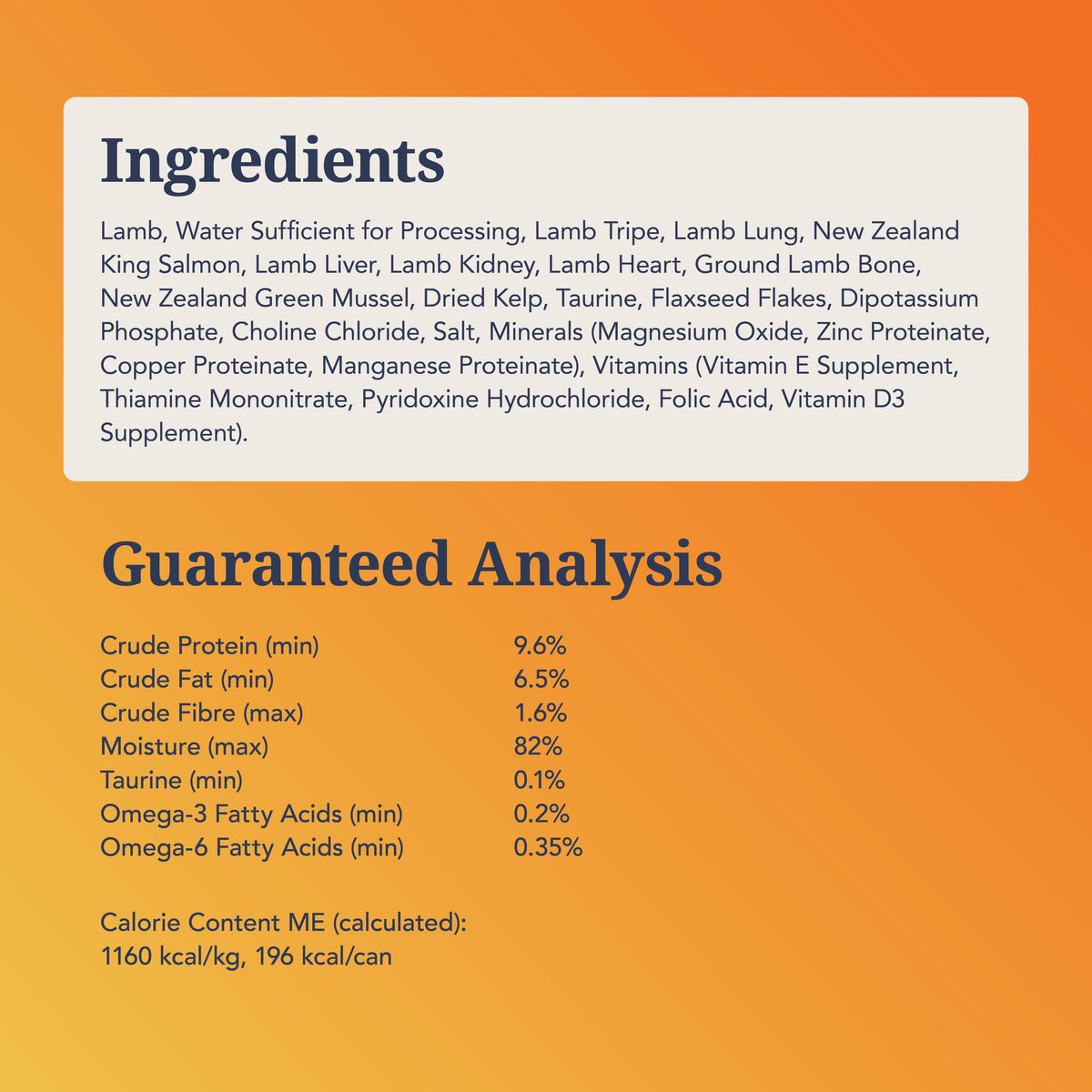 Feline Natural Lamb &amp; King Salmon Feast ingredients, guaranteed analysis and calorie information