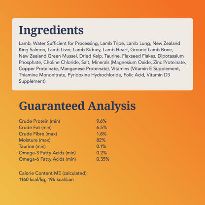 Feline Natural Lamb &amp; King Salmon Feast ingredients, guaranteed analysis and calorie information