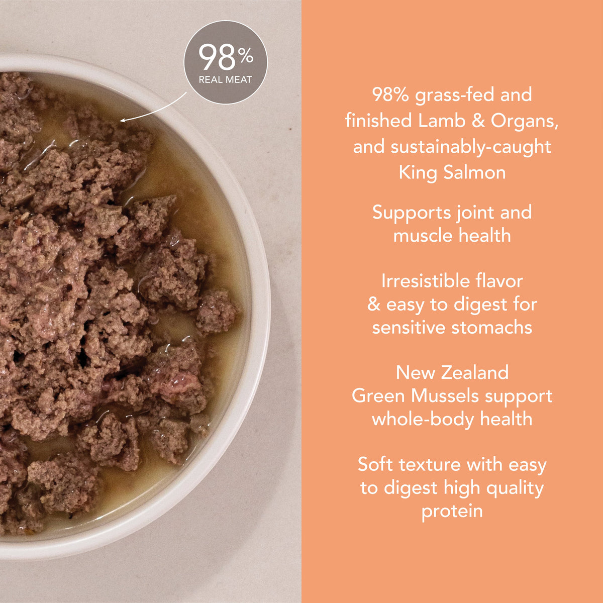 Bowl of Feline Natural Lamb &amp; King Salmon Feast wet cat food showing its soft meaty pate texture