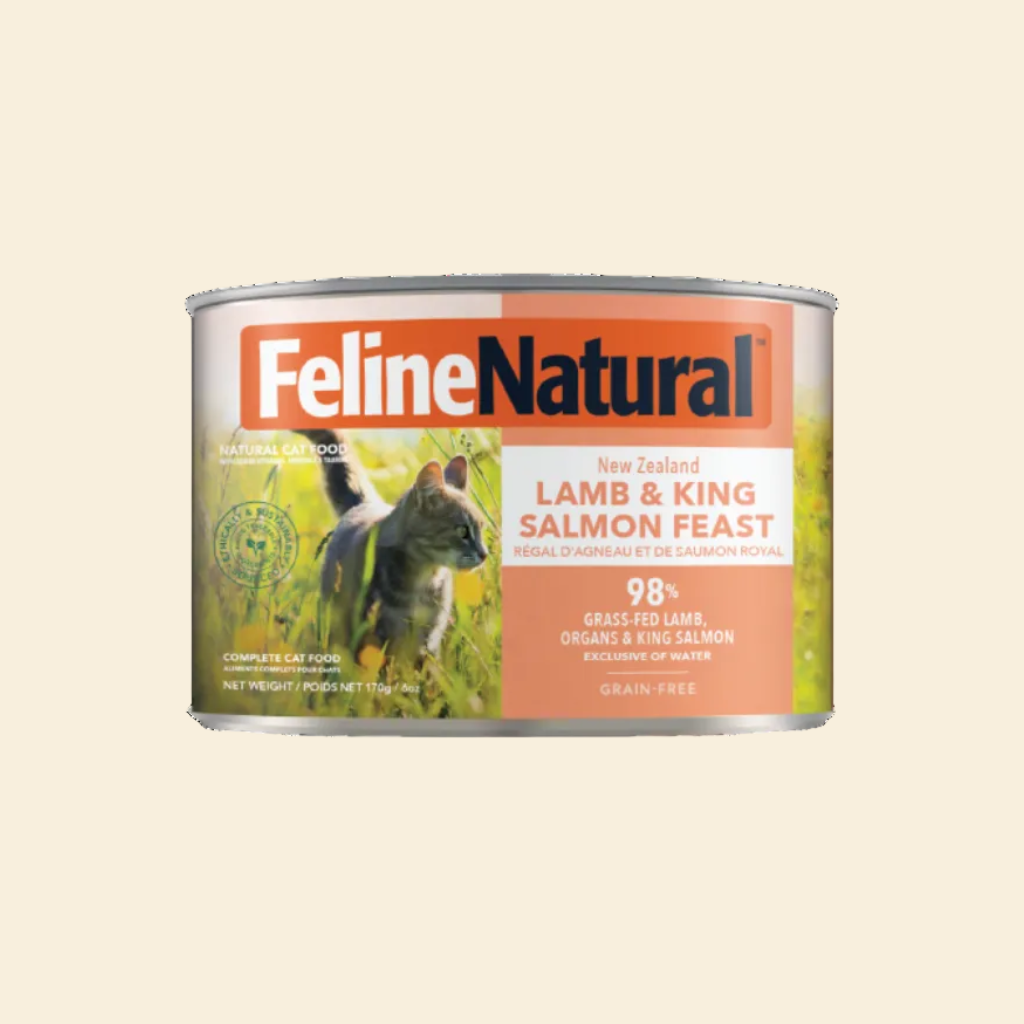 Front view of Feline Natural Lamb &amp; King Salmon Feast grain-free wet cat food in a 170g can