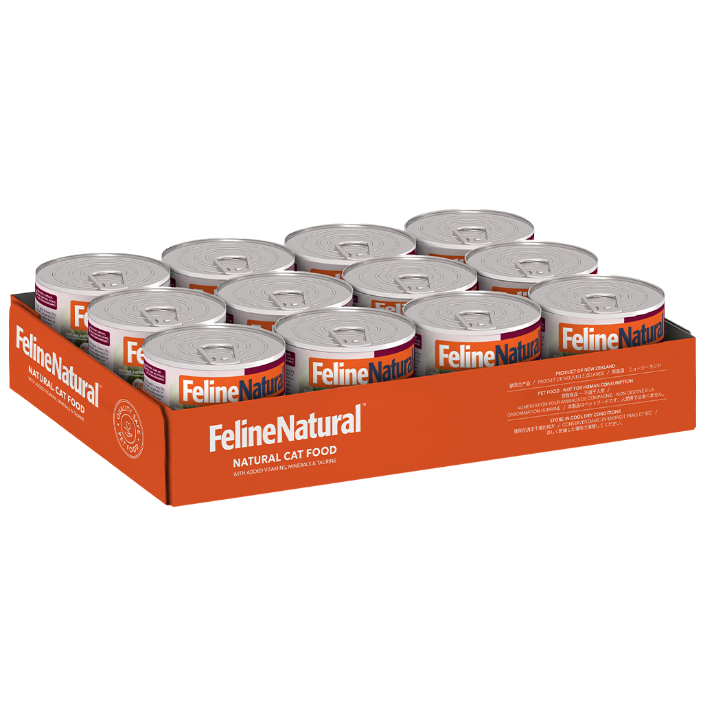 Twelve cans of Feline Natural Lamb &amp; Venison Feast wet cat food in a display tray