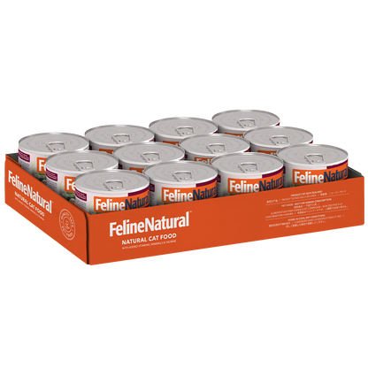 Twelve cans of Feline Natural Lamb &amp; Venison Feast wet cat food in a display tray