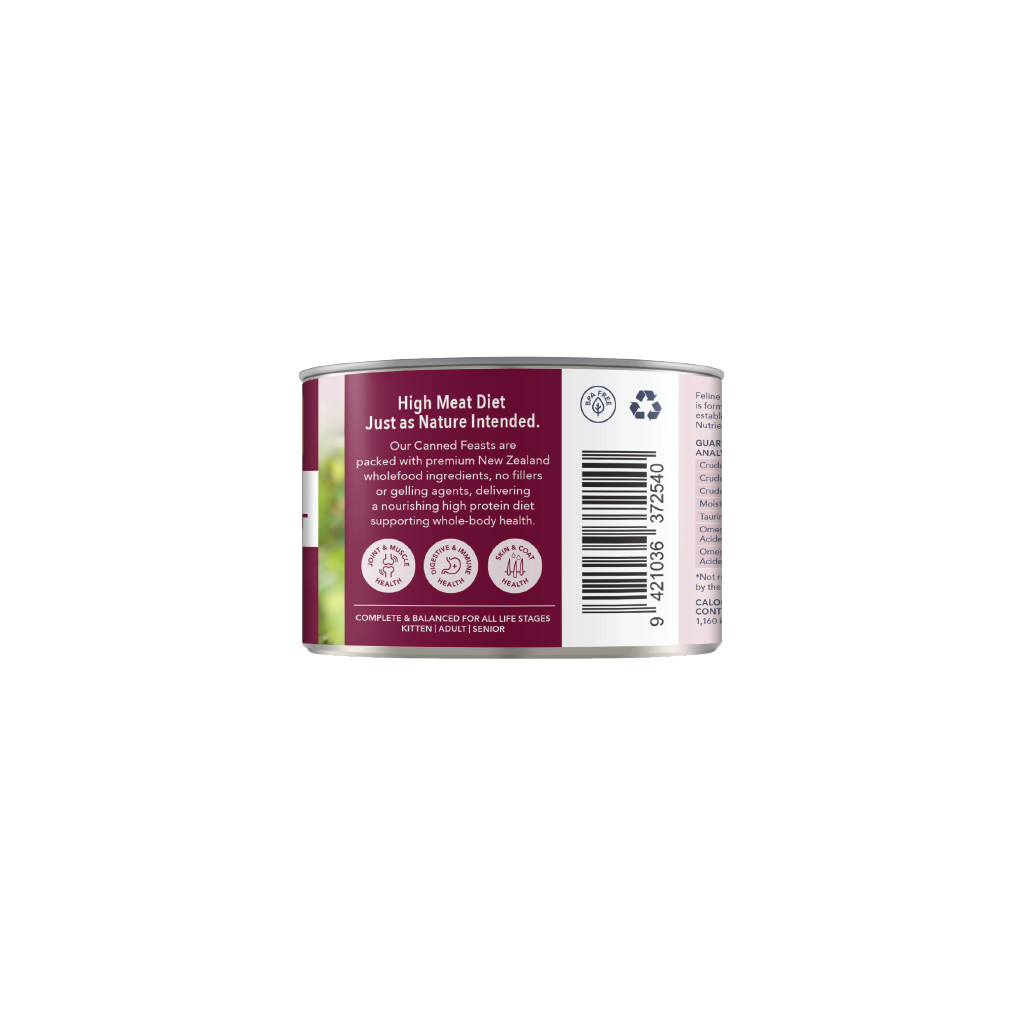 Feline Natural Lamb &amp; Venison Feast can label describing its high-meat complete and balanced recipe