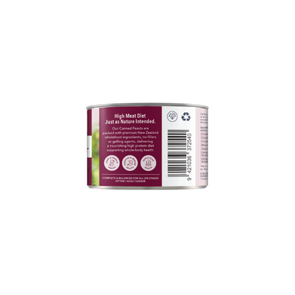 Feline Natural Lamb &amp; Venison Feast can label describing its high-meat complete and balanced recipe