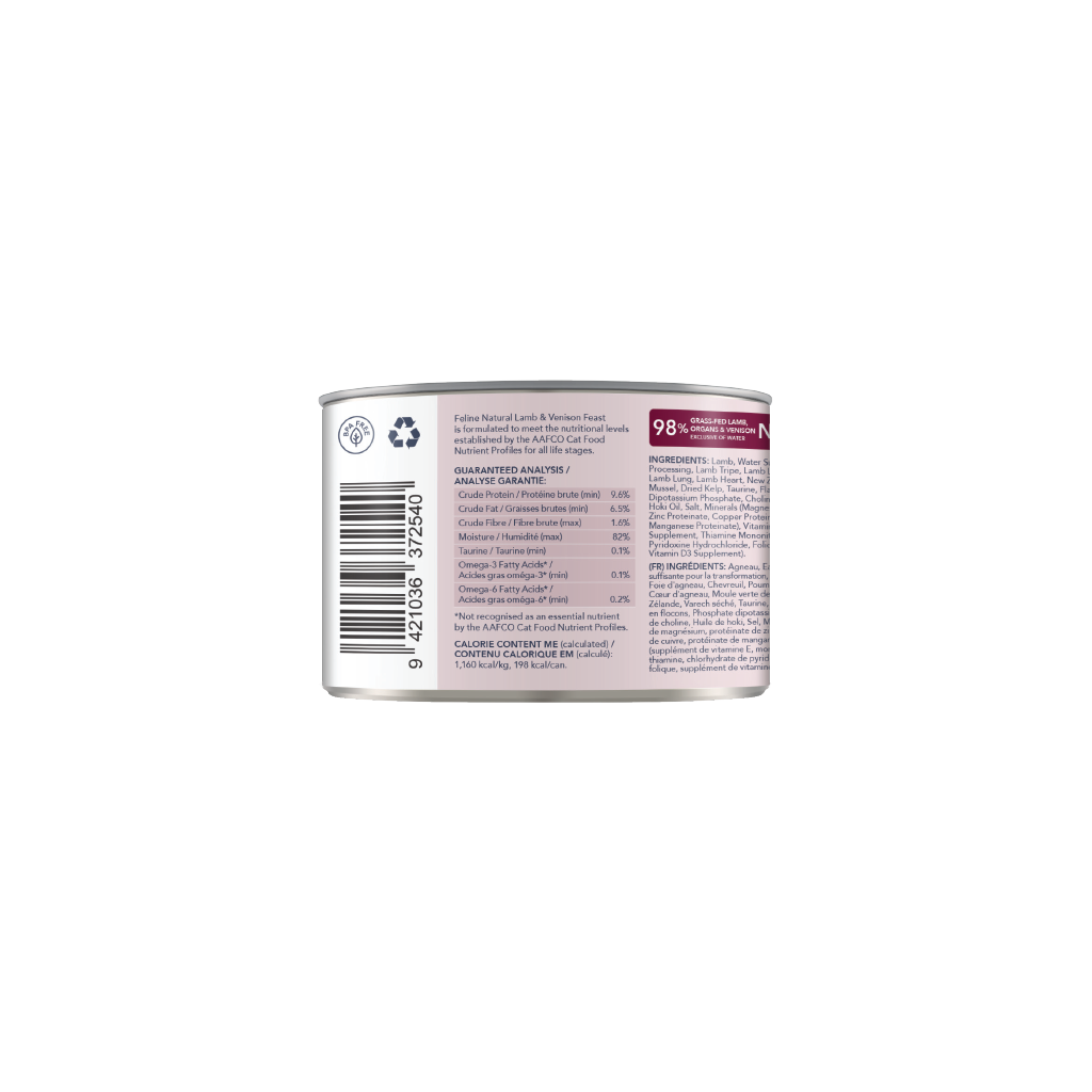 Feline Natural Lamb &amp; Venison Feast can showing guaranteed analysis and calculated calorie content