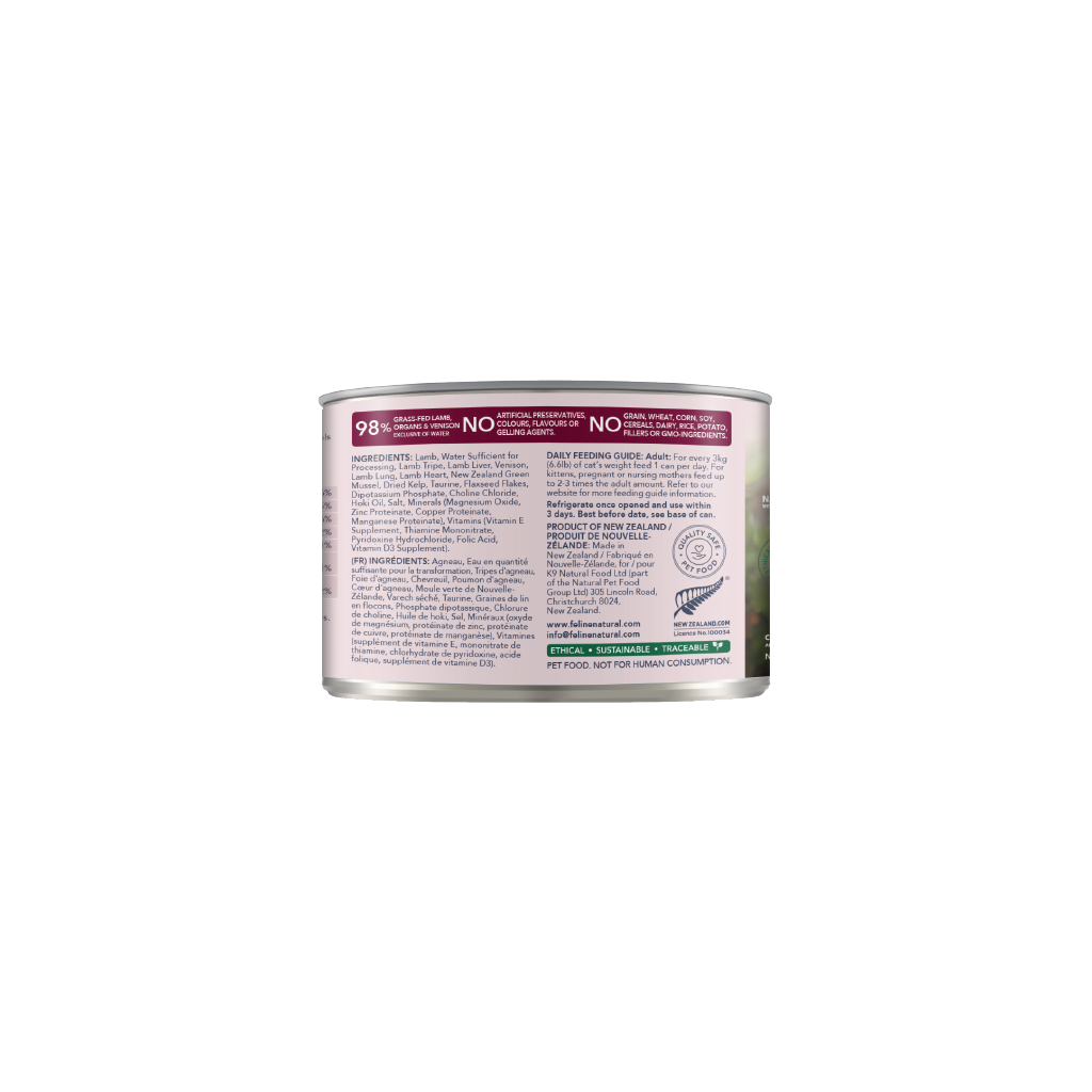 Feline Natural Lamb &amp; Venison Feast can showing ingredients, feeding guide and storage instructions