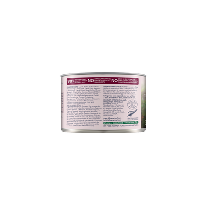 Feline Natural Lamb &amp; Venison Feast can showing ingredients, feeding guide and storage instructions