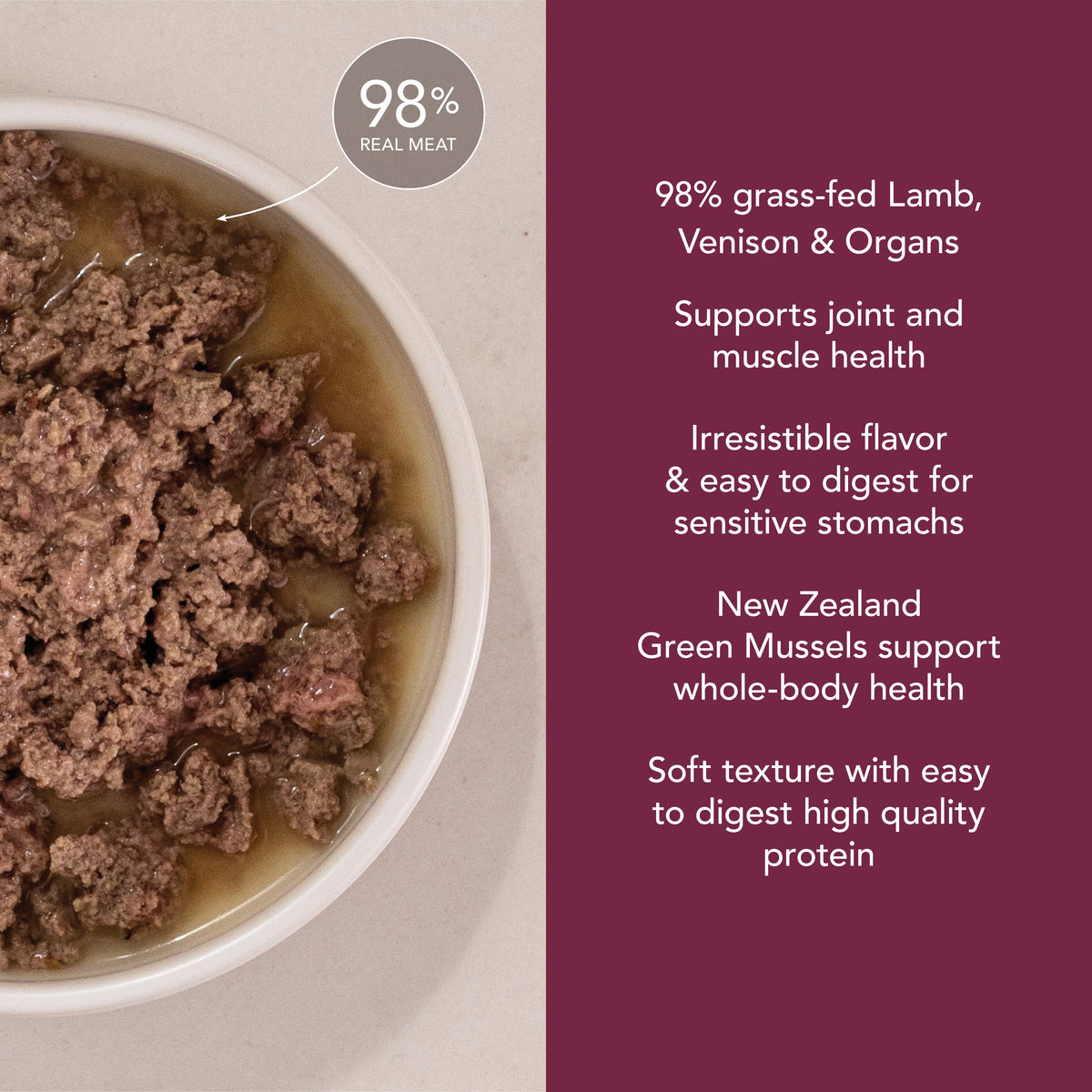 Bowl of Feline Natural Lamb &amp; Venison Feast wet cat food showing its soft meaty loaf texture